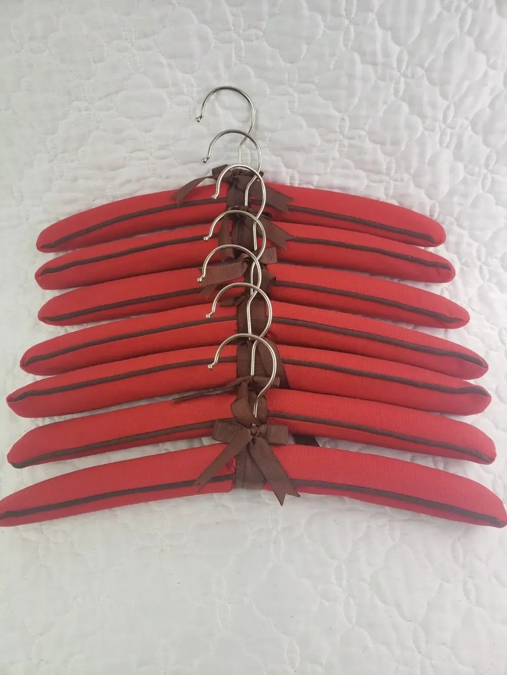 Vintage Padded Hangers Red & Brown Trim Fabric Closet Decor from Hecht's Set 7